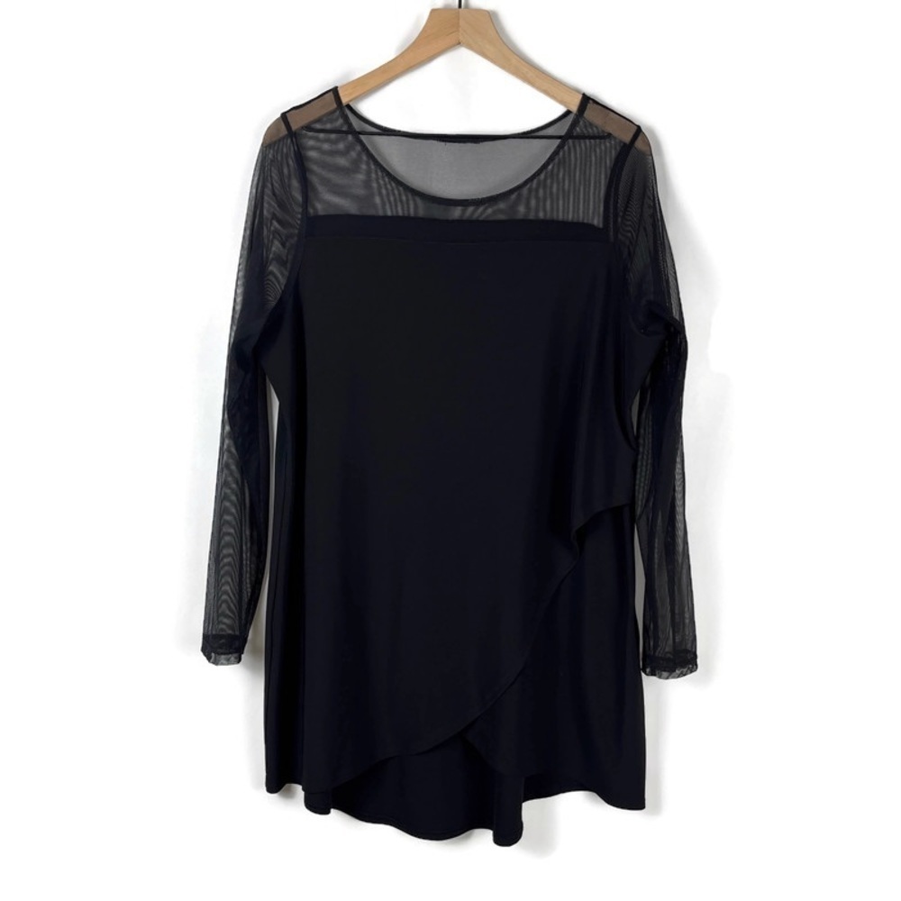 Chic Black Faux Wrap Sheer Sleeve Illusion Neckline Tunic Top Est Size XL Event
